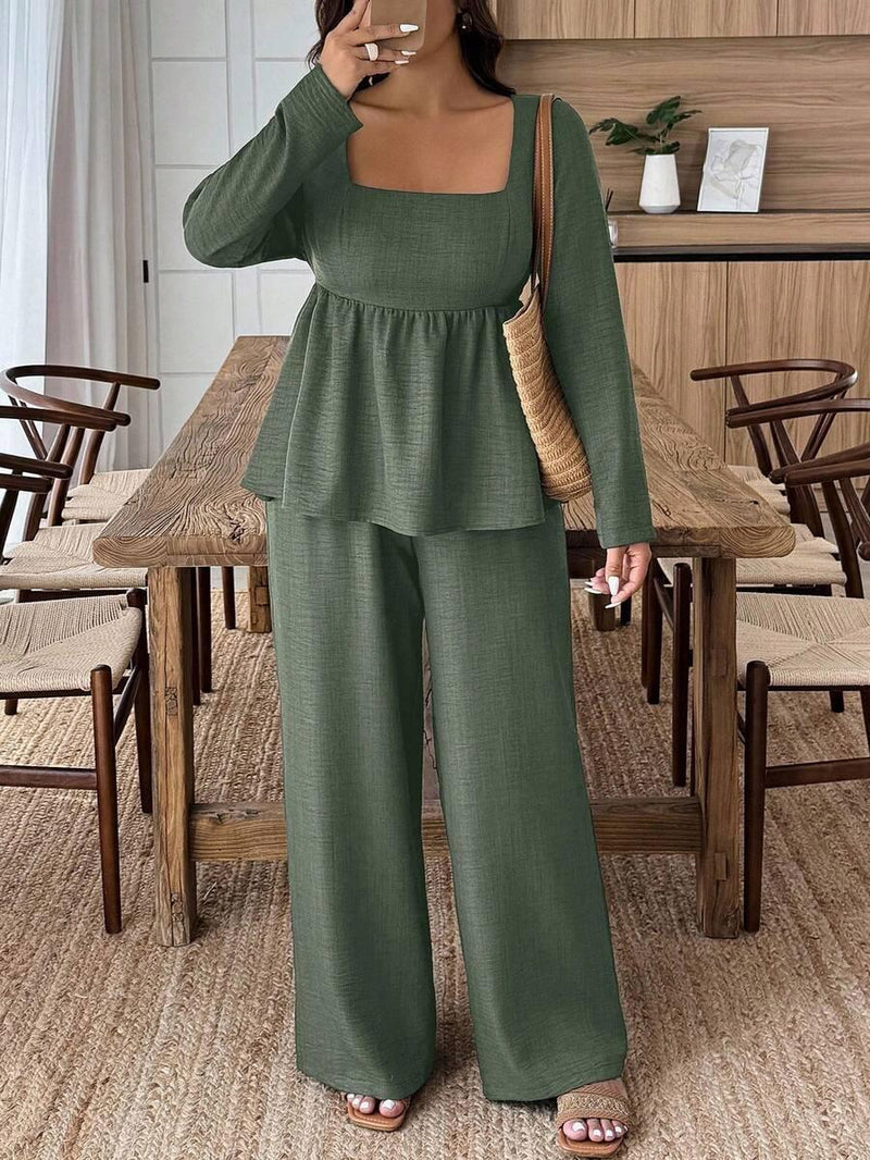 Army Green Square Neck Two Piece Set Comfort