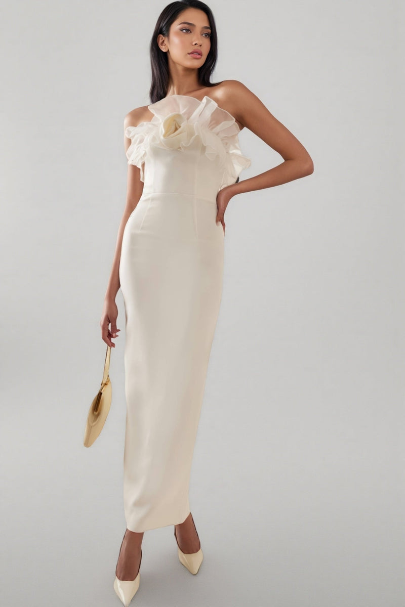 Zaretp White Ruffled Silk Midi Dress