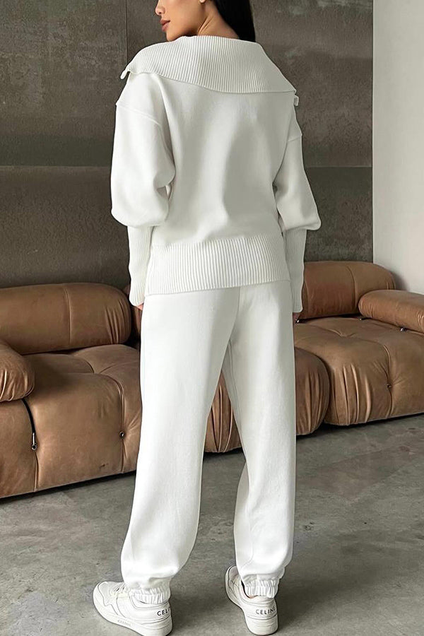 Color Long-sleeved Zip-up Sweatshirt and Elastic Waist Loose Pocket Pants Set
