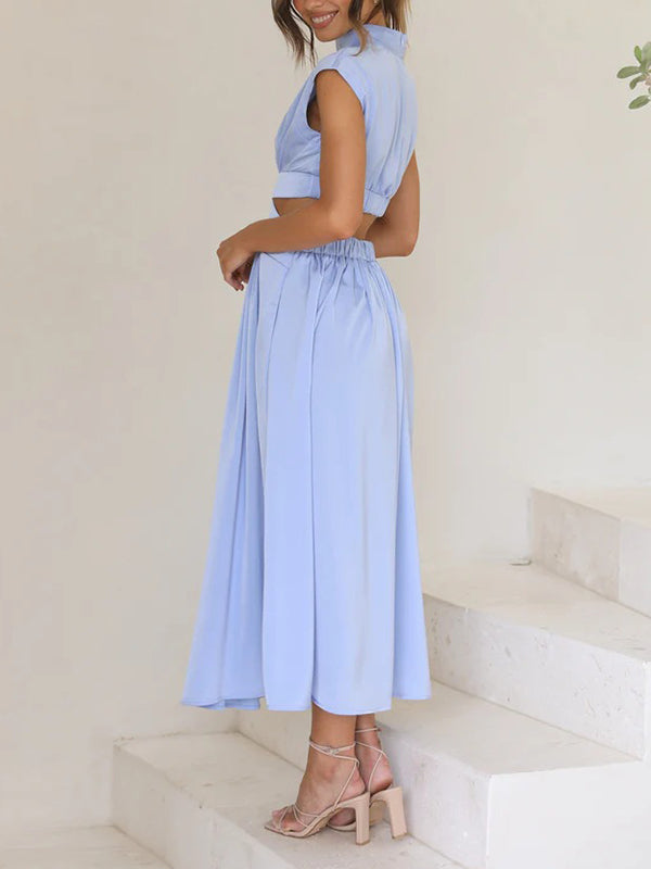 Cap Sleeve Belly-hollow Pleated Color Stand Collar Maxi Dresses