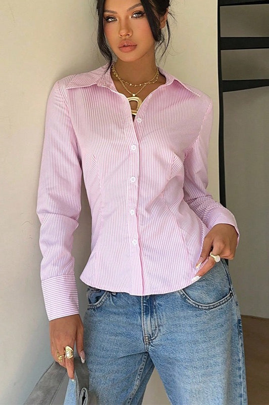 Striped Waist-tie Long-sleeve Slim Blouse