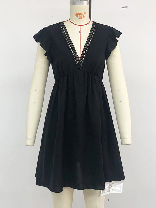 A-line High Waisted Hollow Pleated Ruffled Color Split-joint Deep V-neck Mini Dresses