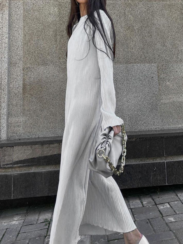 Long Sleeves Loose Pleated Color Round-neck Maxi Dresses