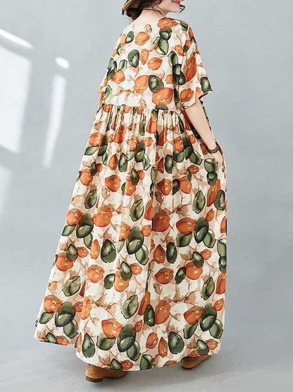 Half Sleeves Loose Pleated Printed Split-joint Round-neck Midi Dresses