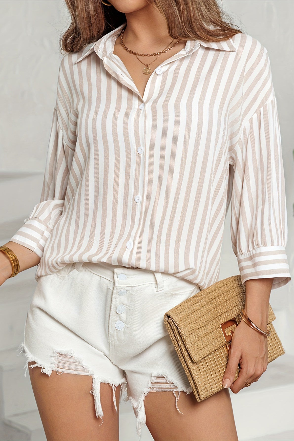 Striped Long Sleeve Pocket Button-down Blouse
