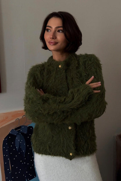 Color Button-up Faux Fur Knit Sweater