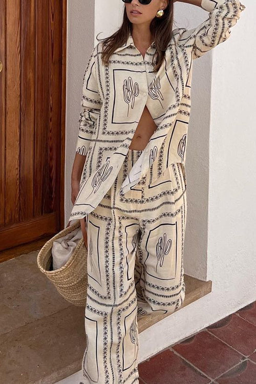 Cactus Print Lapel Long Sleeves Shirt Elastic Waist Wide Leg Pants Set