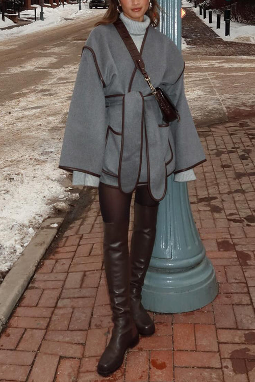Moxidress Open Front Pocketed Splice Coat With Belt