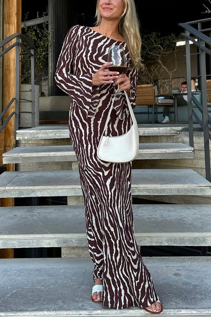 Moxidress Boat Neck Bell Sleeves Animal Print Maxi Dress