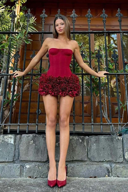 Red 3d Flower Hem Lace-up Off-shoulder Mini Dress