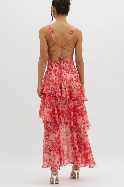 Print Tie-up Back Chiffon Tiered Dress
