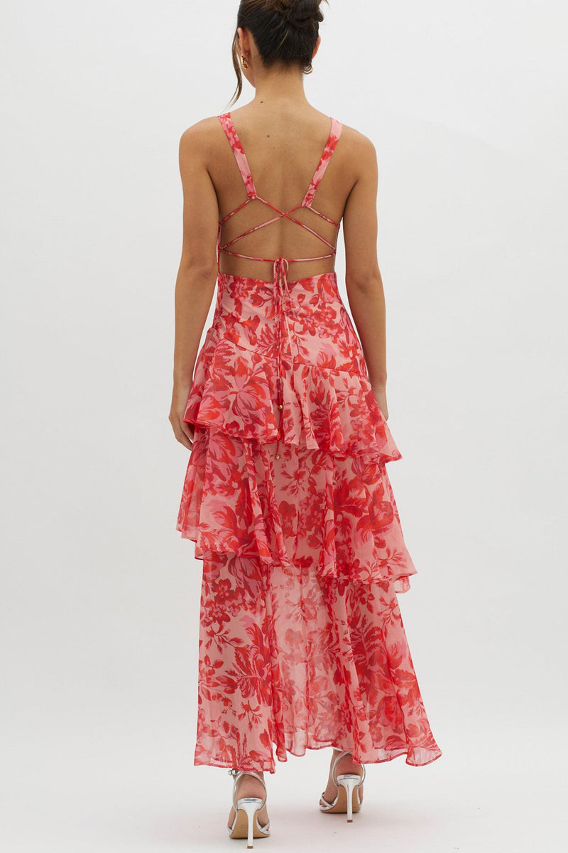 Print Tie-up Back Chiffon Tiered Dress