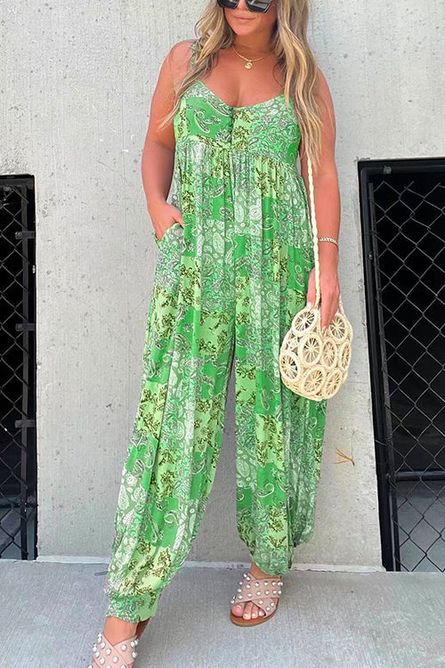 Buttons V Neck High Waist Printed Cami Jumpsuit