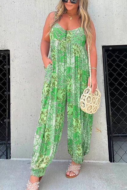 Buttons V Neck High Waist Printed Cami Jumpsuit