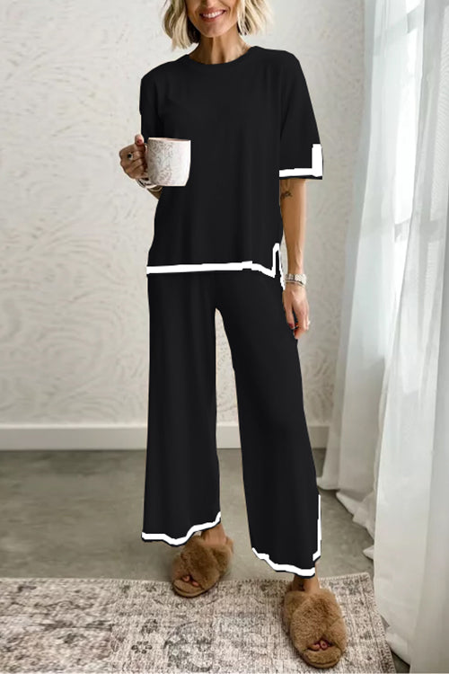 Color Block Short Sleeves Side Split Pullover Wide Leg Pants Knitting Loungewear Set