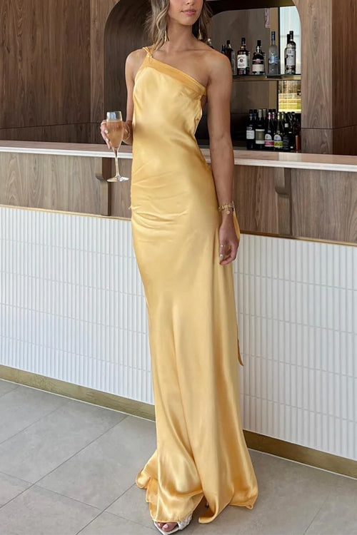 Moxidress One Shoulder Open Back Tie Knot Satin Maxi Dress