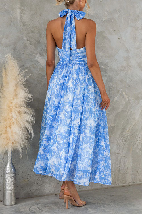 Bow Neck Halter Backless Print Maxi Dress