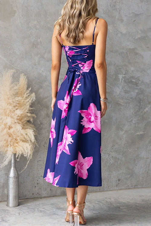 Adjustable Strap Back Lace-up Print Midi Dress