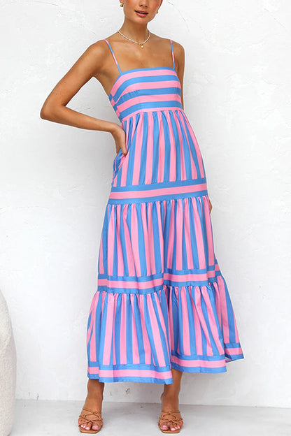 Moxidress Spaghetti Strap Tiered Color Block Striped Maxi Dress