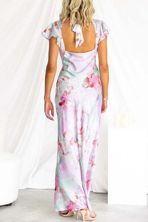 Deep V Neck Backless Slit Print Satin Maxi Dress