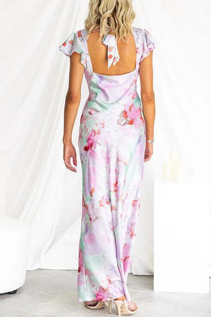 Deep V Neck Backless Slit Print Satin Maxi Dress
