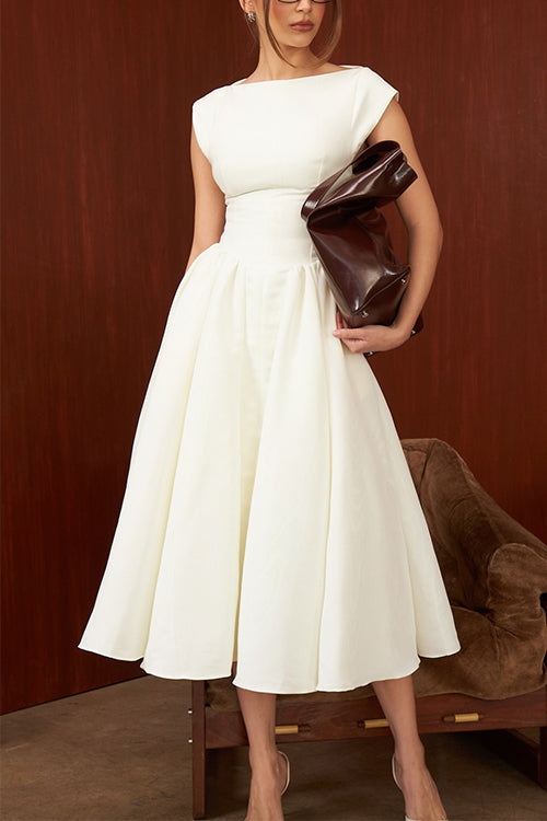 Moxidress Cap Sleeves Open Back Waisted Swing Midi Dress