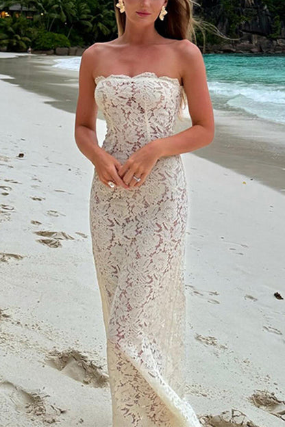 Moxidress Strapless Lace Hollow Out Bodycon Maxi Dress