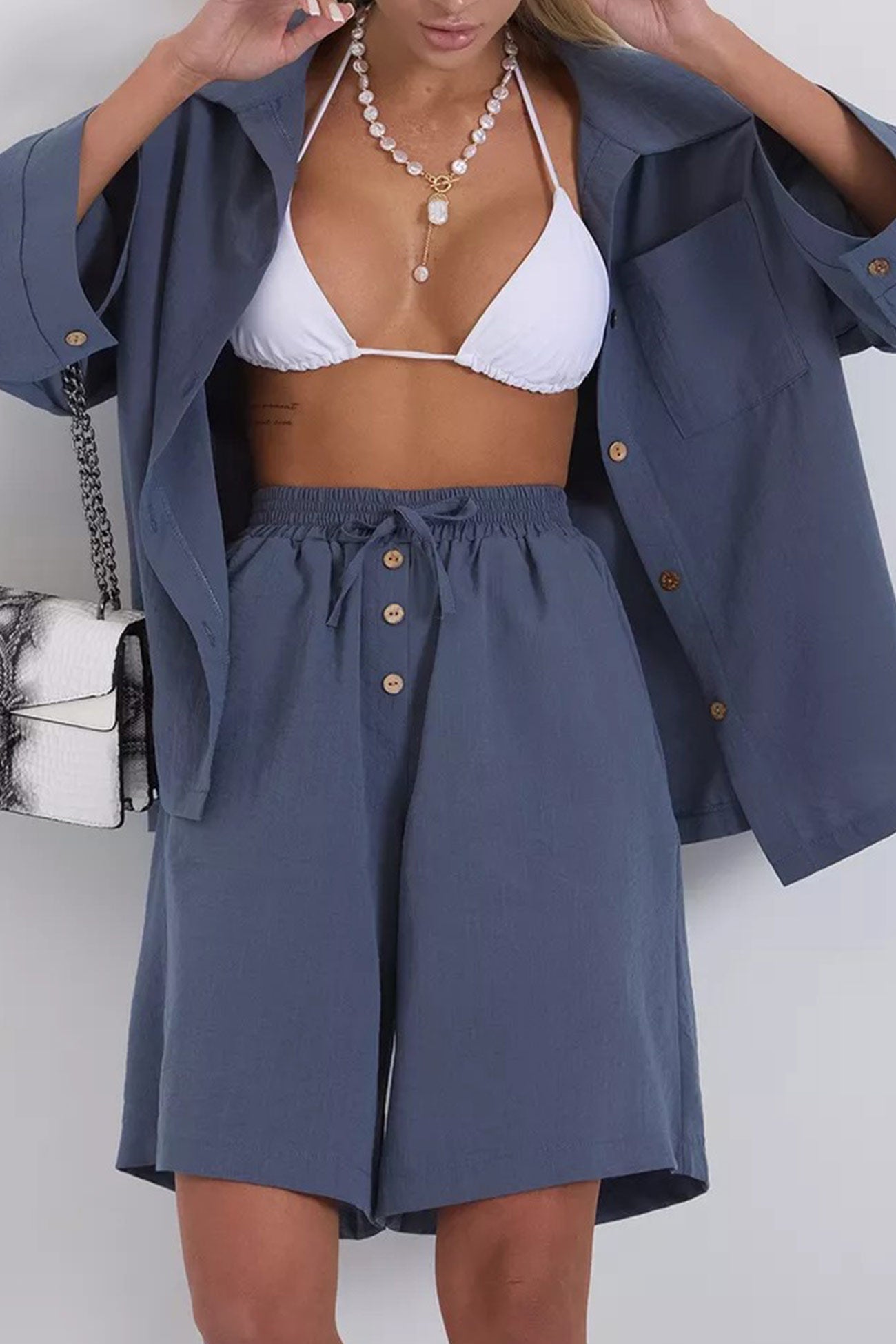 Color Shirt Single-breasted Bermuda Shorts Set
