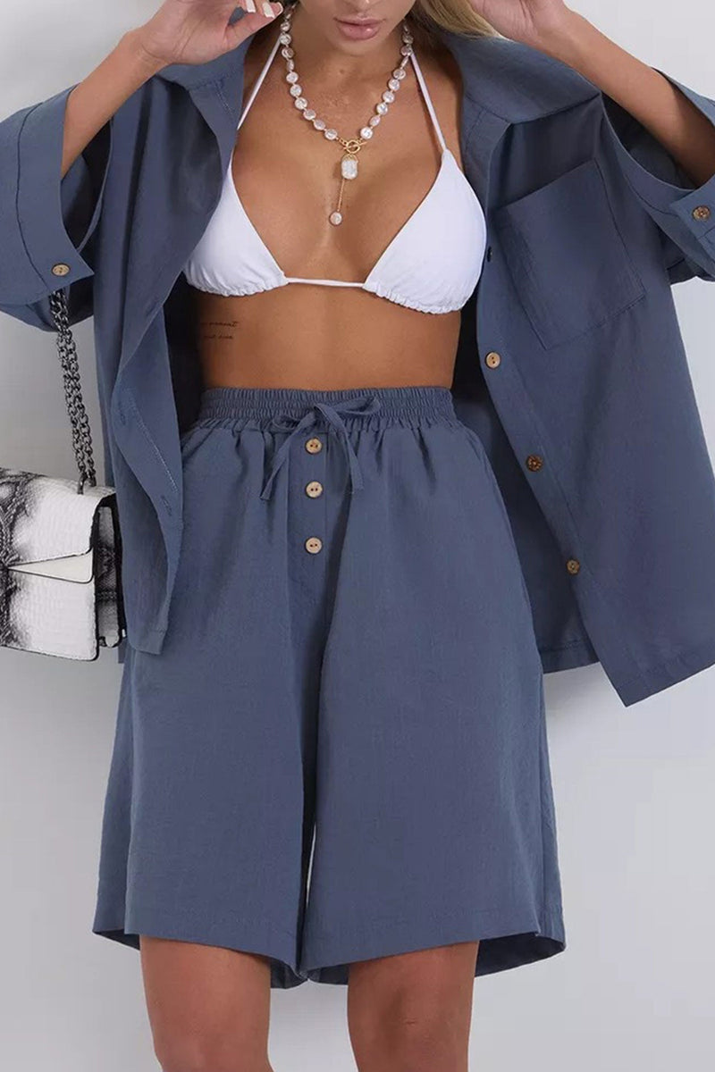 Color Shirt Single-breasted Bermuda Shorts Set