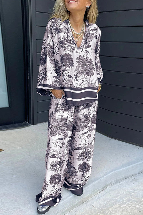 Lapel V Neck Long Sleeves Shirt Wide Leg Pants Printed Set
