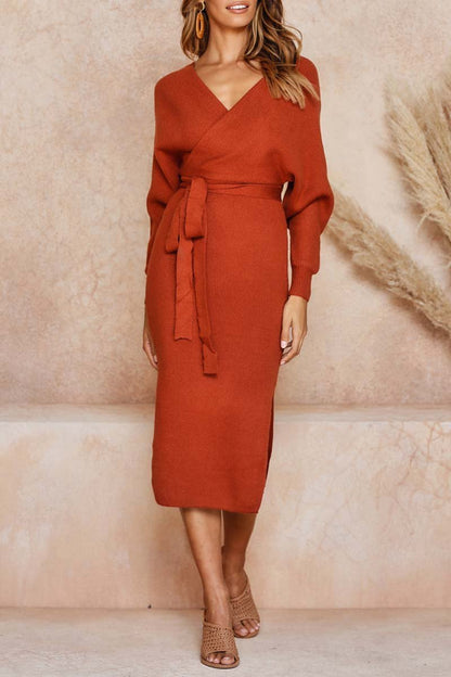 V Neck Backless Sweater Midi Dress(5 Colors)