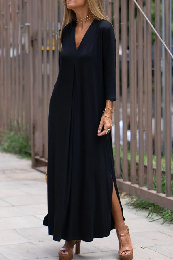 Color V-neck Slit Maxi Dress