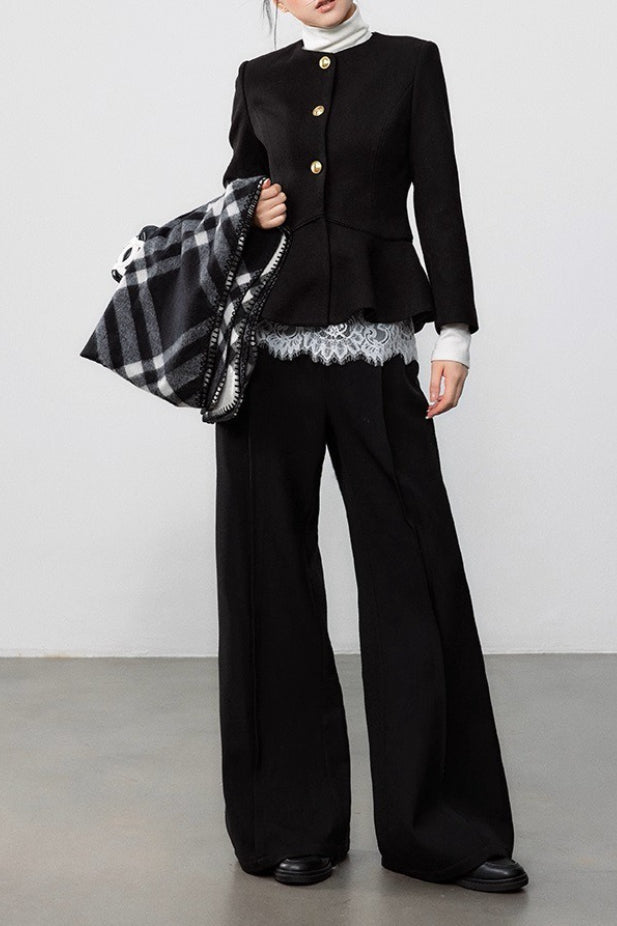 Black Pleated Waist Wool Coat