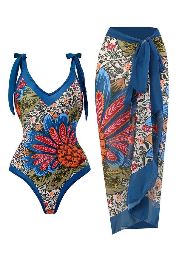 Full of Sunshine Printed Shoulder Tie One-piece Swimsuit With Midi Cover-up Skirt