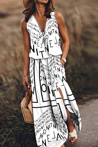 Modern Letter Print Zipper Neck Daily/vacation Maxi Dress