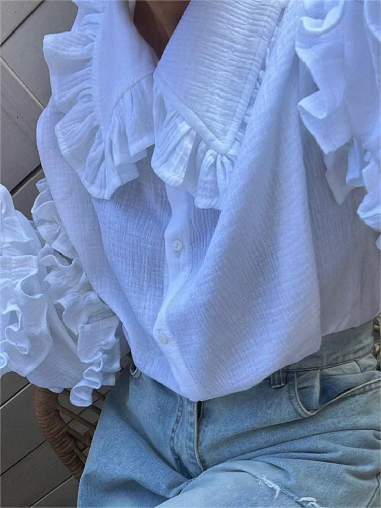 White Ruffled Shirts for Patchwork Cardigan Lapel Long Sleeve Outwear Slim Shirts New