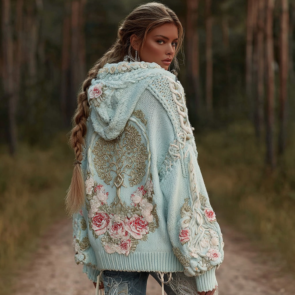 Women's Vintage Viking Metal Tree Of Life And Roses Knitted Hooded Sweater elevenforest