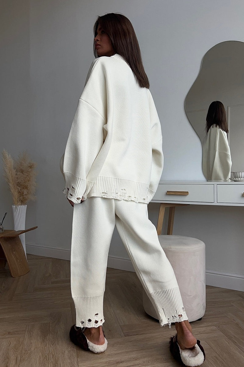 Distressed Knit Crew Neck Sweater Two Piece Set