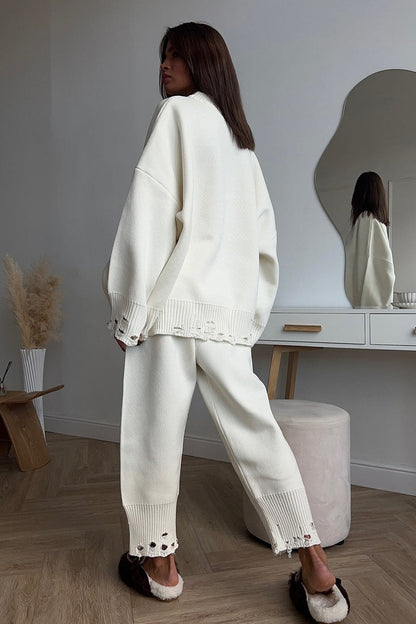 Distressed Knit Crew Neck Sweater Two Piece Set