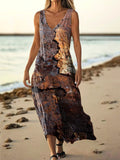 Women's Ethnic Texture Art Print V Neck Sleeveless Pocket Cotton Dress