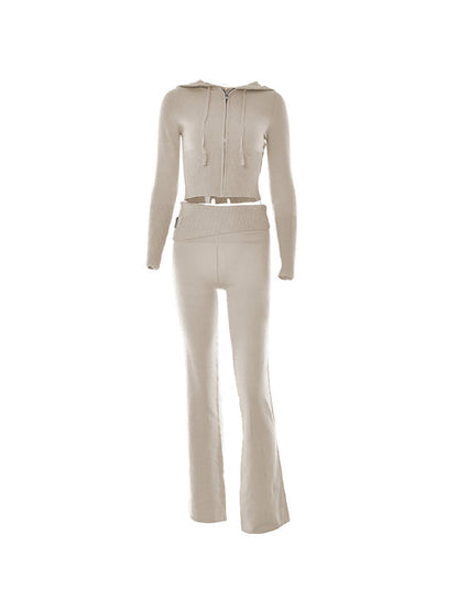 Retro Knitted Two Piece Set With Zip and Hood