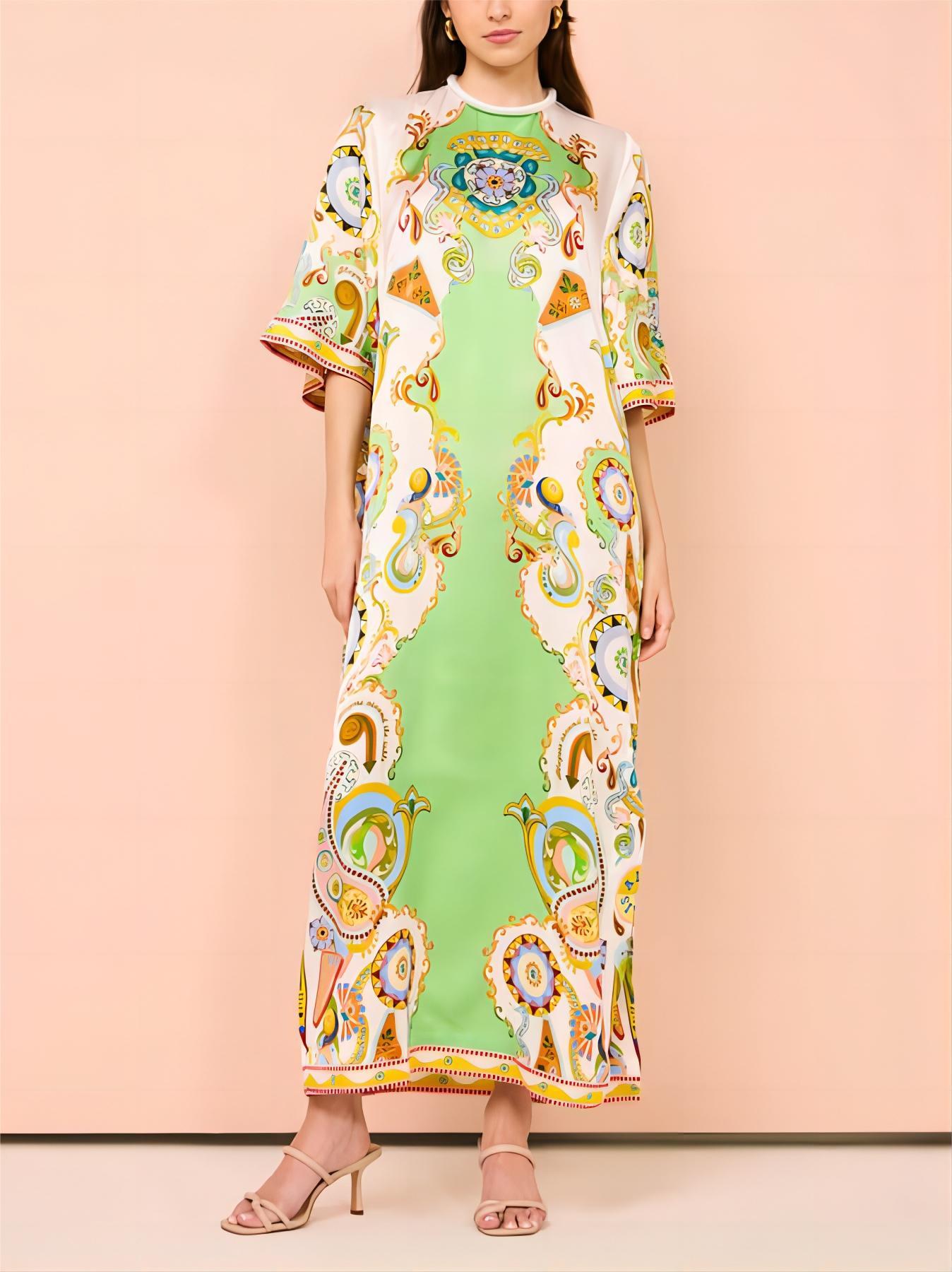 Unique Cashew Print Loose Midi Dress