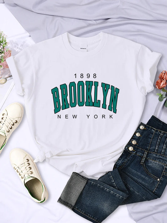 1898 Brooklyn New York Print Short Sleeve T-shirts All-math Crewneck Breathable Female Clothing