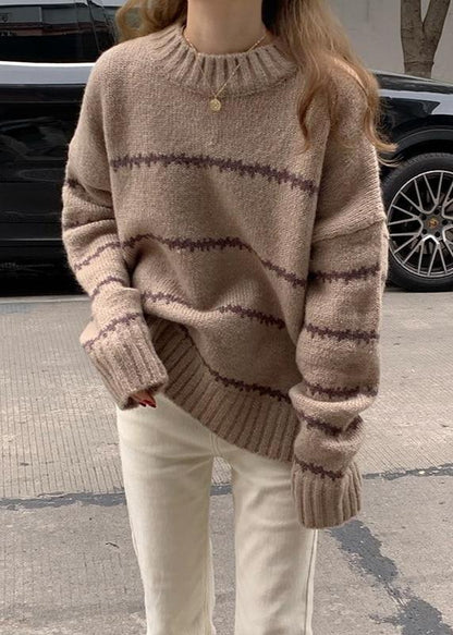 Oversized Cozy Knit Sweater - Long Sleeve Striped Knitwear