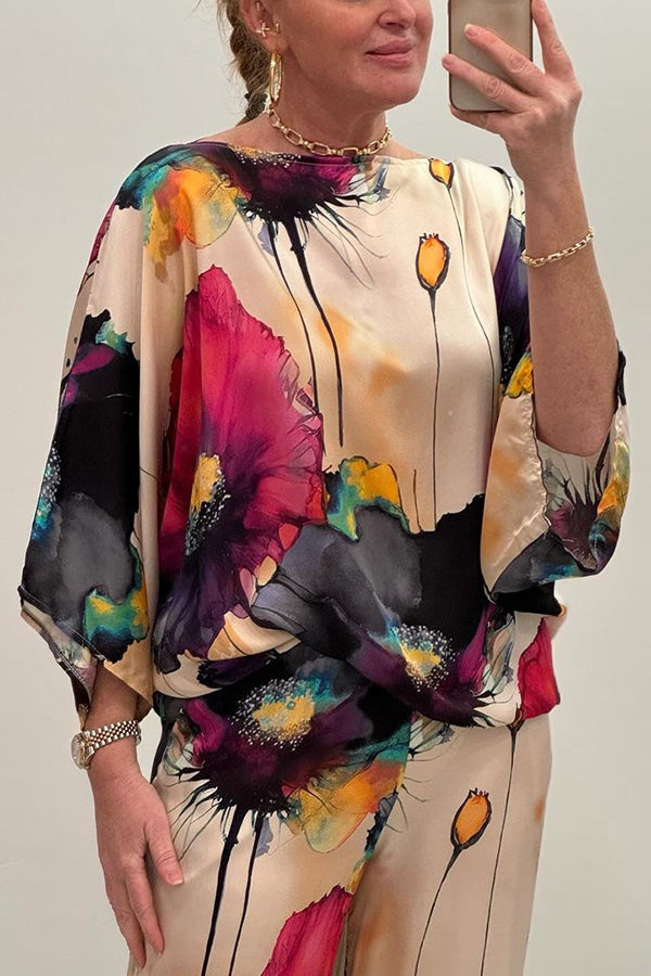 Satin Botanical Print Crew Neck Top and Elastic Waist Loose Pocket Pants Set