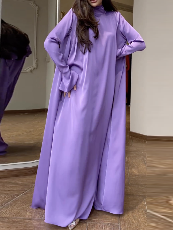Flared Sleeves Long Sleeves Color High-neck Maxi Dresses