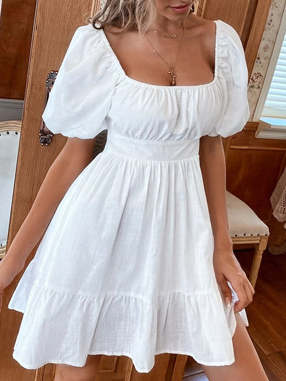 High Waisted Loose Backless Bowknot Elasticity Pleated Color Split-joint Square-neck Mini Dresses