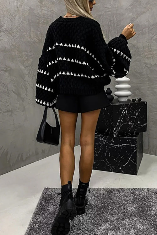 Lantern Sleeves Color Block Chunky Knit Sweater