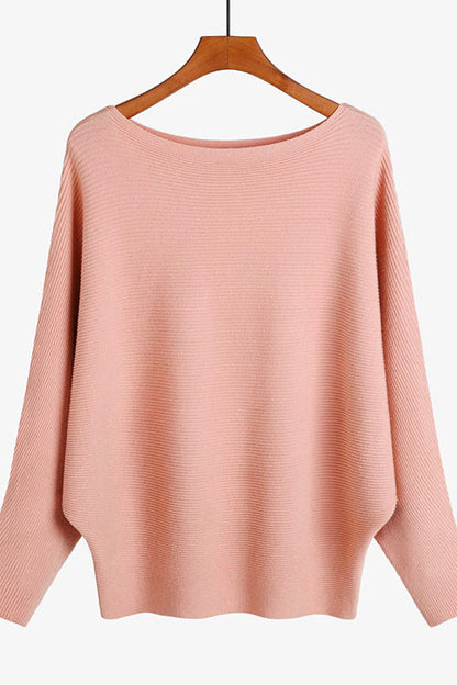 Boat Neck Batwing Sleeves Ribbed Knit Sweater