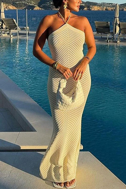 Moxidress Halter Open Back Hollow Out Knit Bodycon Maxi Dress